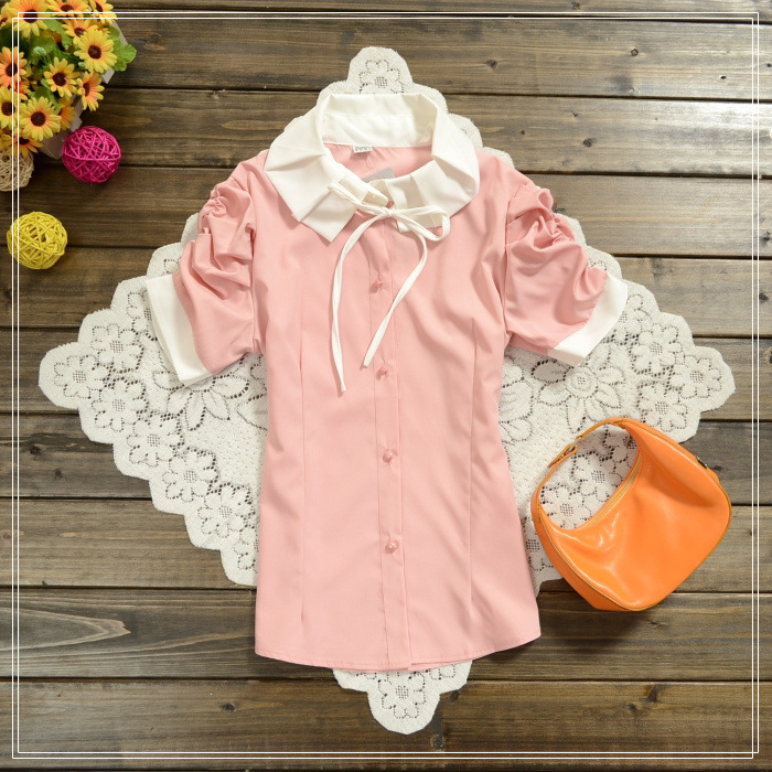 【夏季新款<em>韩版</em>系带蝴蝶结翻领<em>开衫</em>短袖<em>女士衬</em>