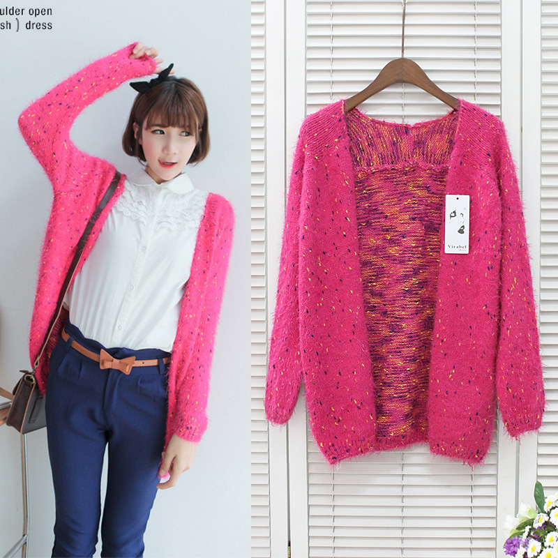 冬新款韩版撞色宽松<em>马海毛针织毛衣开衫外套</em>女