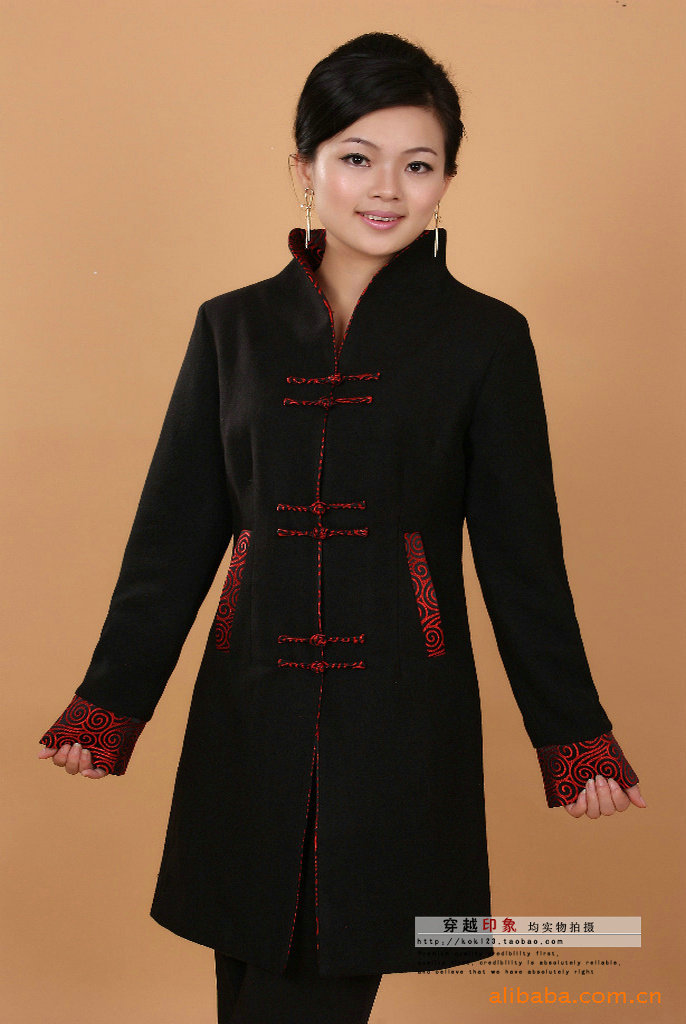 中式服装<em>女式秋装</em>长款<em>上衣</em>女士唐装羊毛尼<em>外套</em>