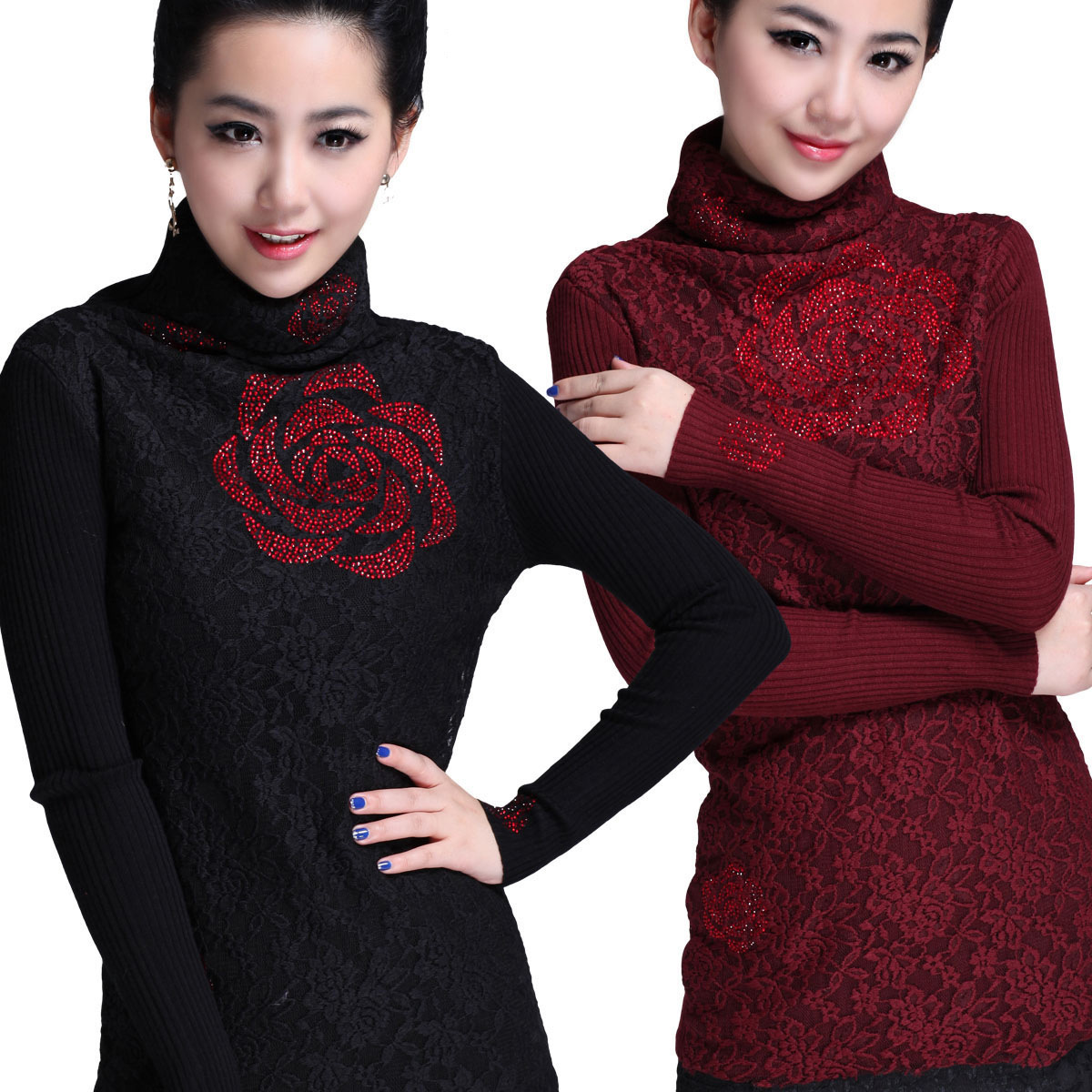 2013秋冬新款蕾丝修身长袖女士高领羊毛衫 进