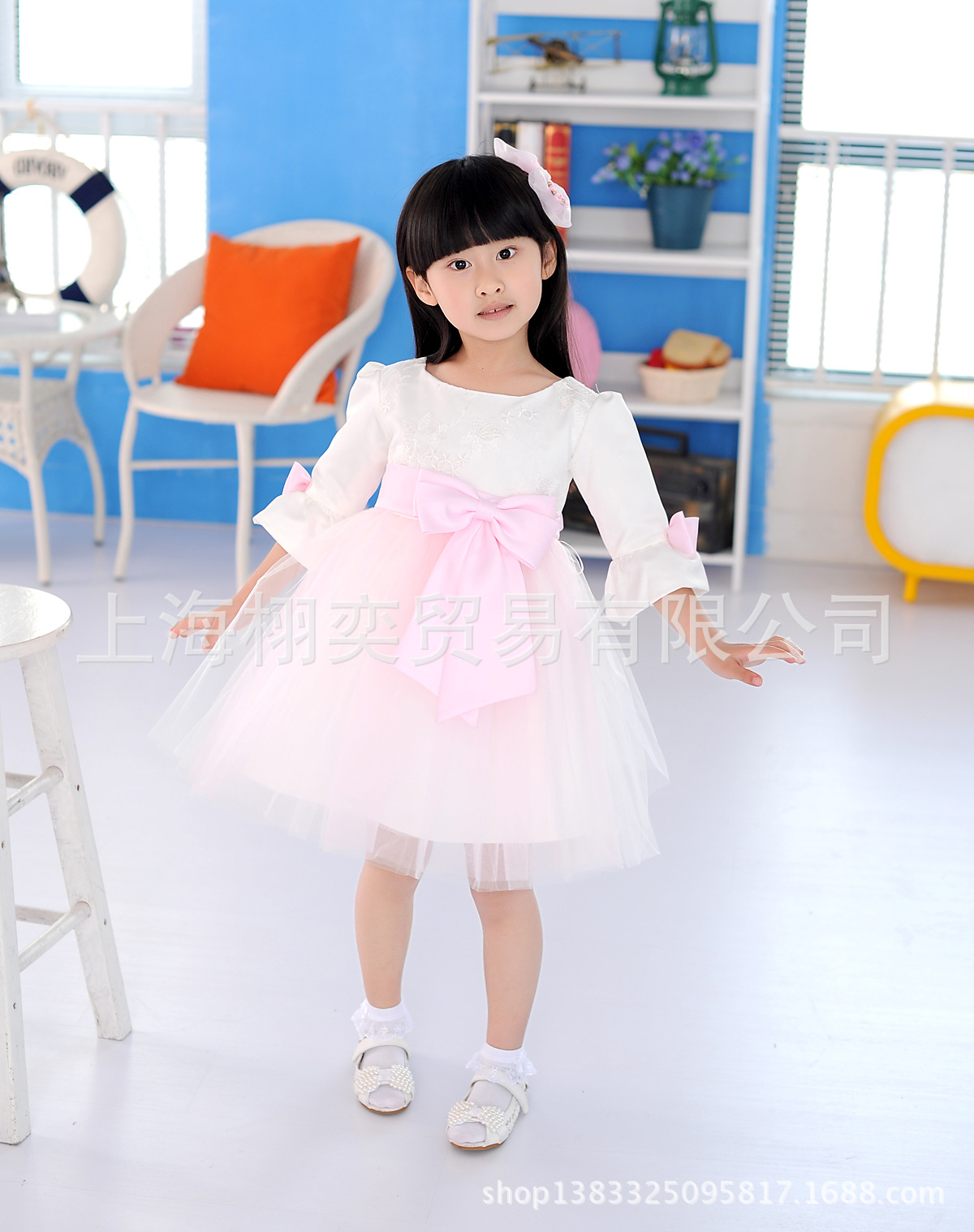 <em>女大童公主</em>裙 七分袖粉色蓬蓬连衣裙 儿童婚纱