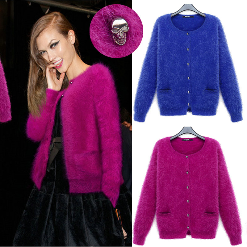 欧洲站女装新款<em>复古</em>长毛<em>水貂</em>绒骷髅头扣<em>毛衣</em>开