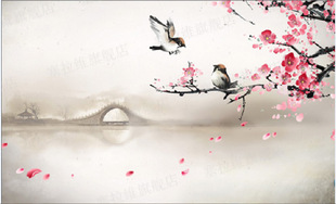 中式大型壁画壁纸|水墨喜上眉梢电视沙发背景墙|酒店壁画墙纸