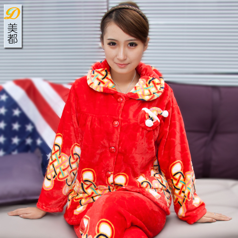 厂家直供珊瑚绒睡衣 女 冬 加厚 法兰绒睡衣女 
