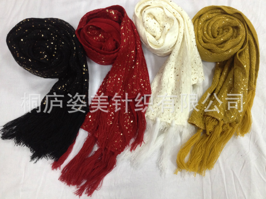 【厂家供应经编烫钻围巾 纯色女式围巾 镂空针