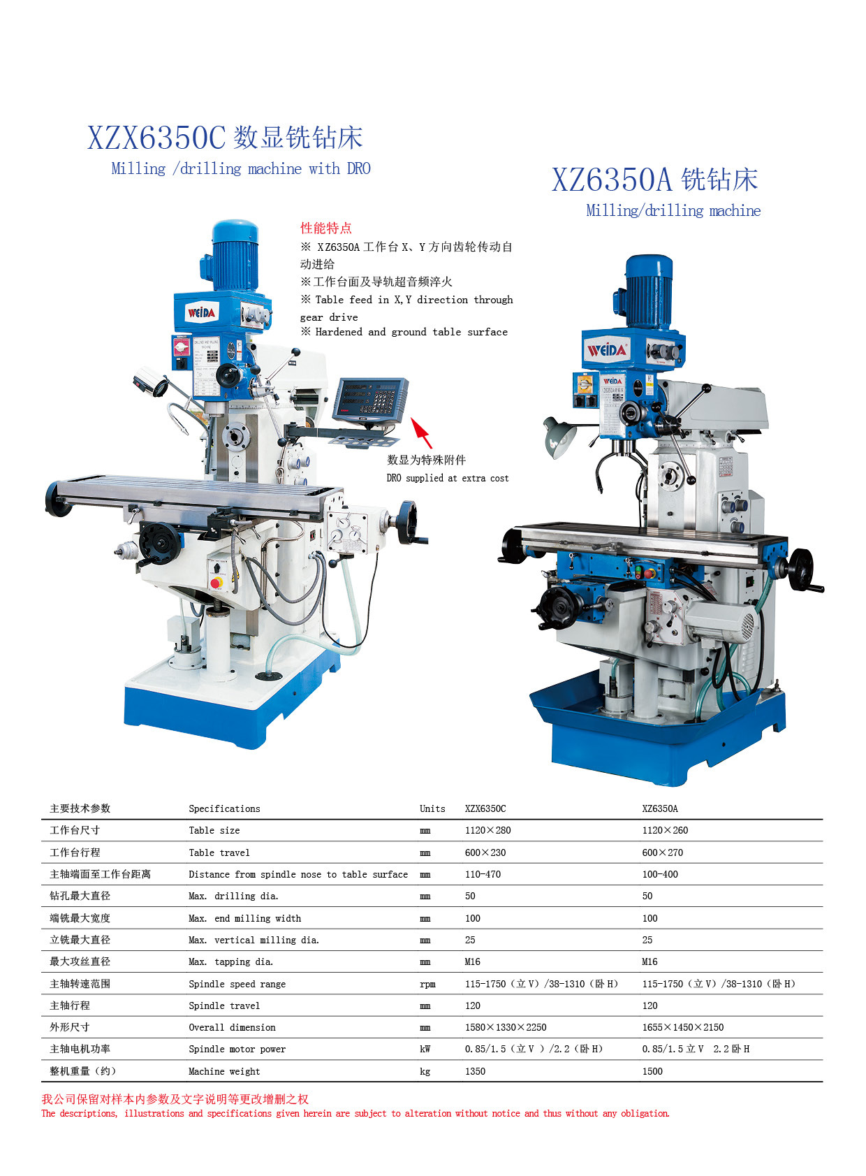 外贸爆款可数显升降台摇臂钻铣床XZ6350A