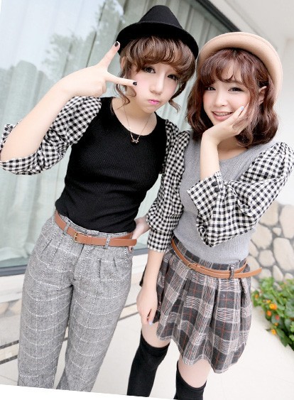 2013秋季<em>韩版姐妹装</em> 格子拼接泡泡中袖圆领高