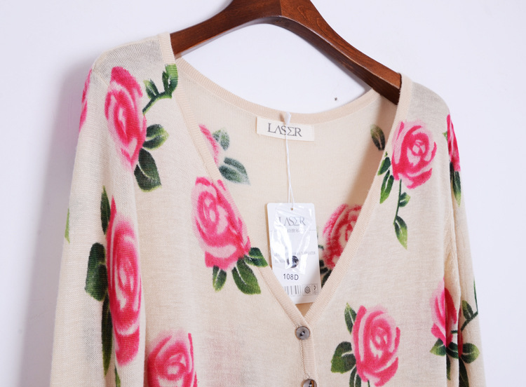 2013夏季韩版贝壳扣超薄玫瑰印花七分袖 玫瑰花开衫针织衫空调衫