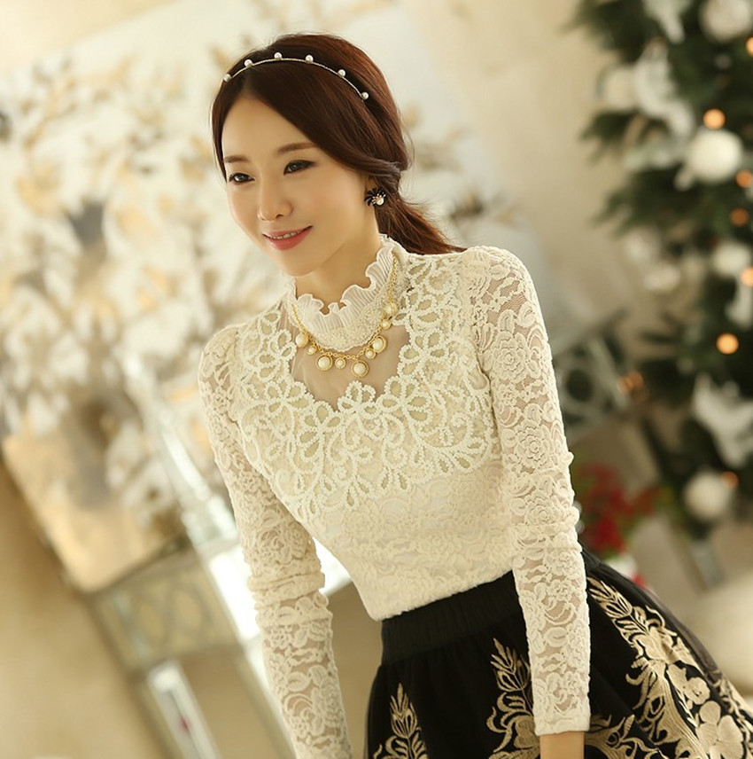 <em>2014</em>春装<em>新款</em>韩版长袖蕾丝打底衫<em>女上衣</em>修身