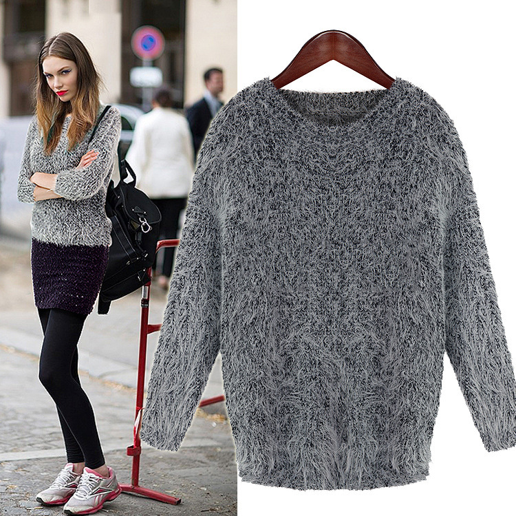 欧美女装2013冬装新款长袖纯色圆领顺毛松毛