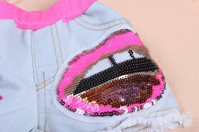 2013夏款童牛仔<em>短裤批发</em>韩版女童<em>亮片</em>骷髅头