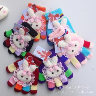 兒童腈綸六色全指粘花邊兔