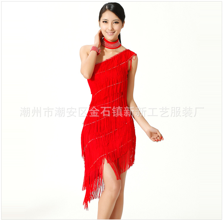 成人<em>拉丁舞</em>服装<em>新款</em> 斜肩<em>流苏拉丁舞</em>裙 <em>拉丁舞</em>