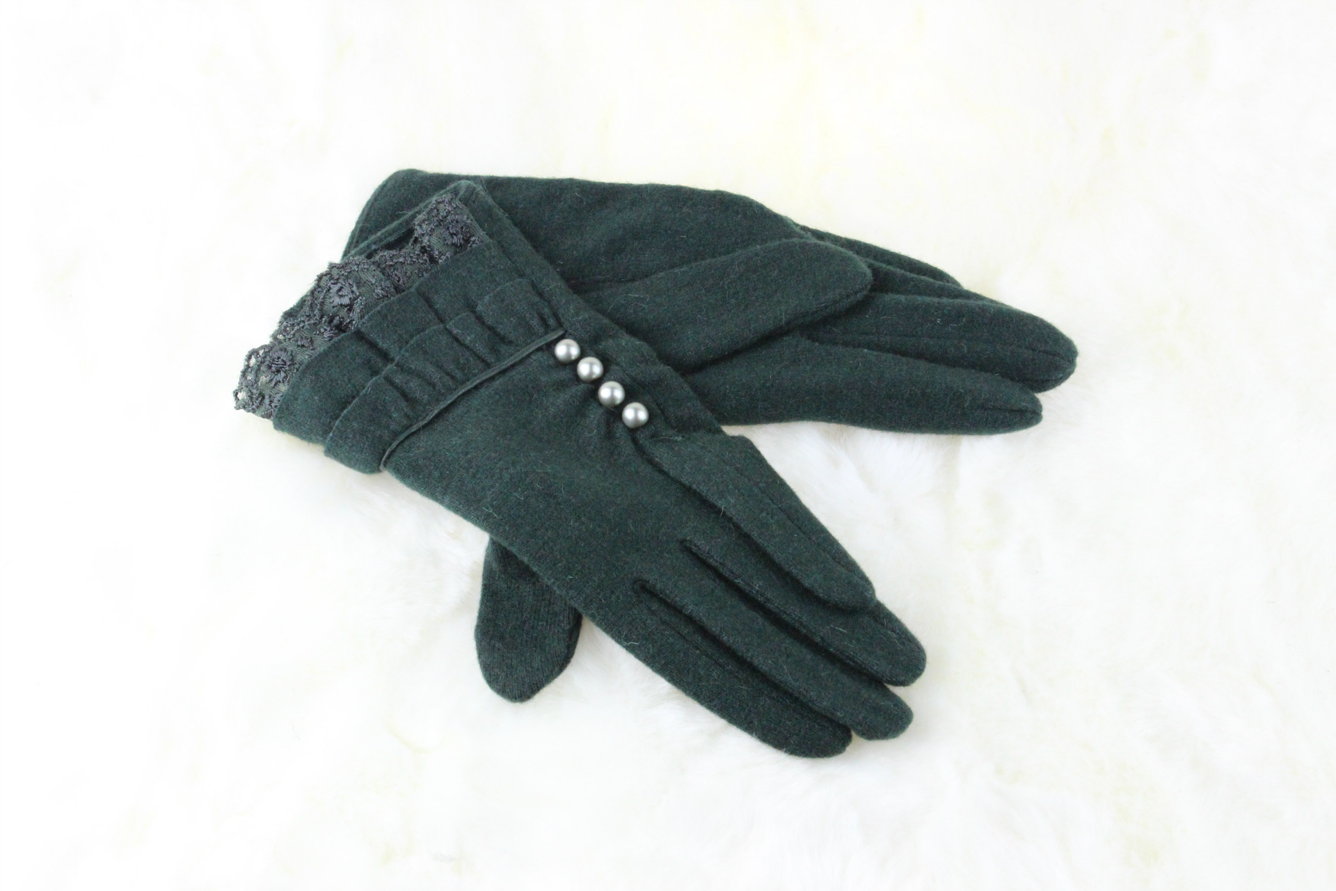 2013盛琦<em>手套女式</em>蕾丝双层花边羊绒五指<em>手套</em>