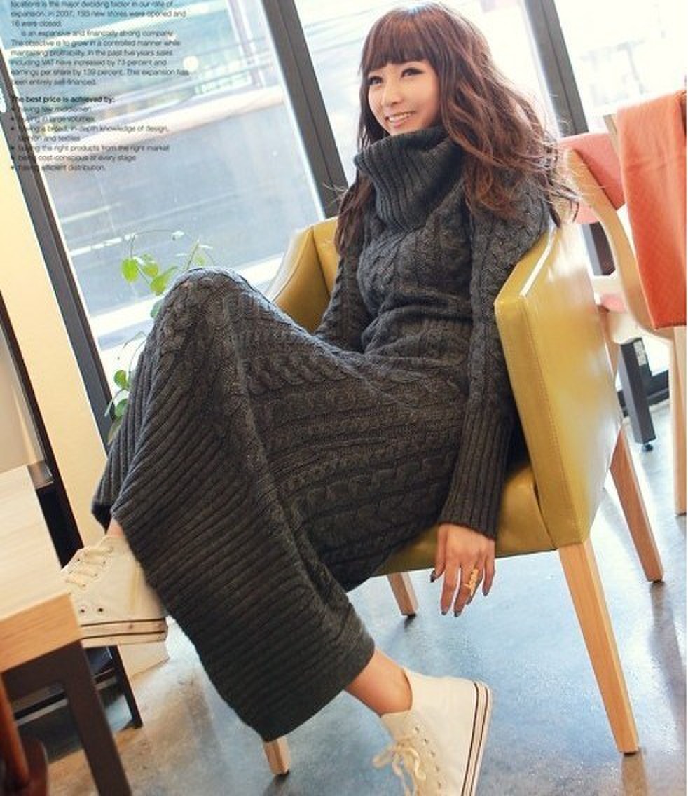 加厚麻花纹针织口袋<em>开叉</em>毛线裙 保暖连衣裙 修