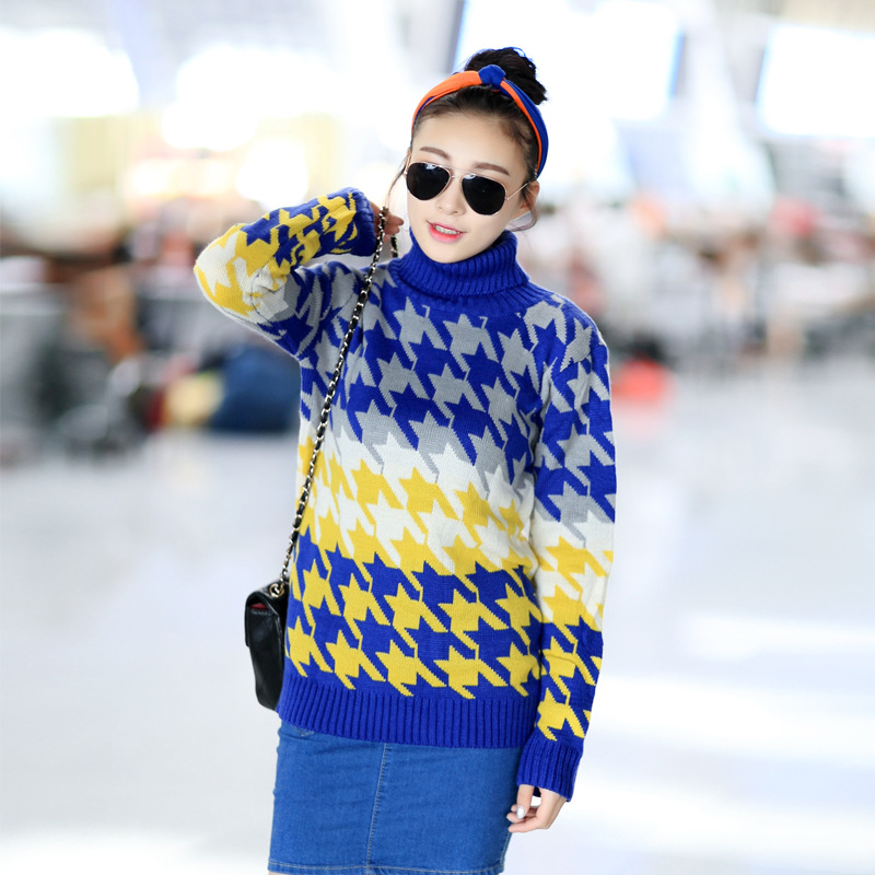 秋冬新款 韩版休闲女装撞色高领几何<em>图案套头</em>