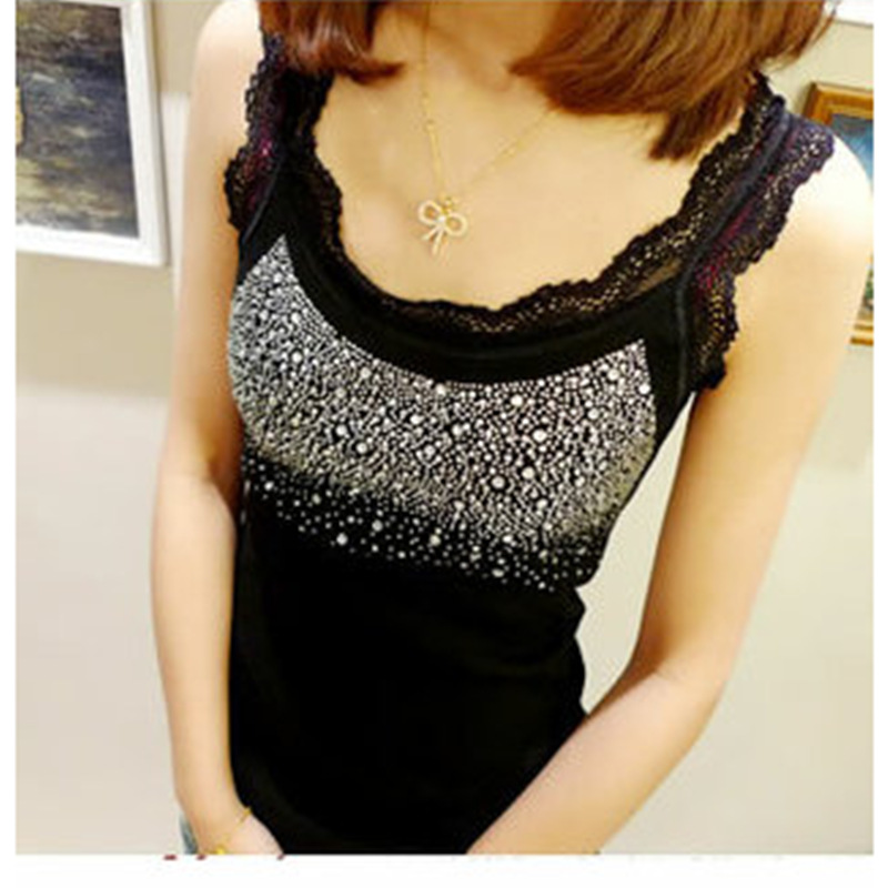 春夏爆款 女装 烫钻 蕾丝花边 <em>女士</em>螺纹棉 吊带