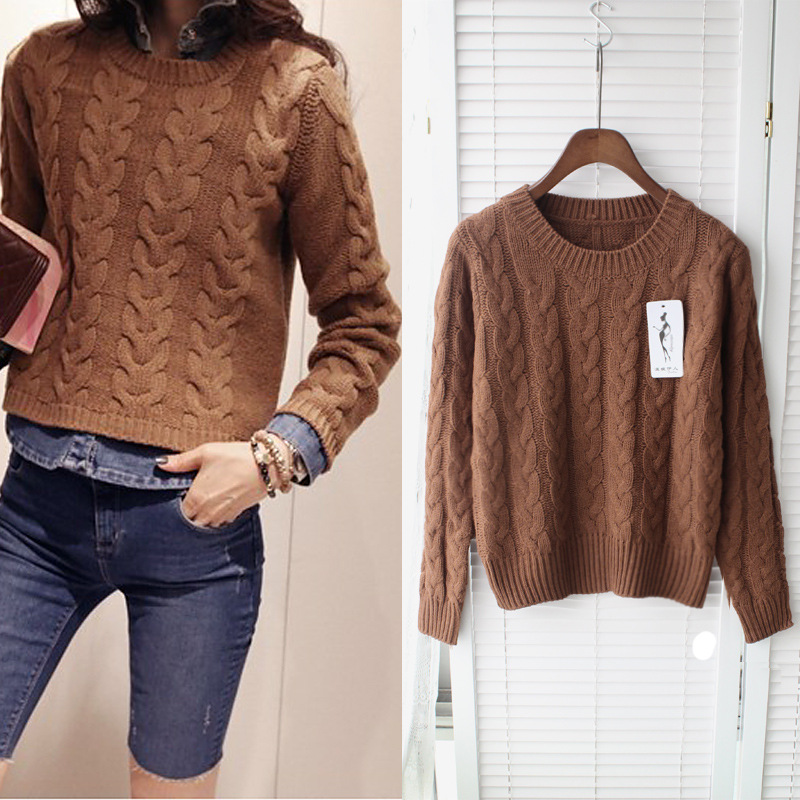 2013韩版短款长袖圆领套头<em>毛衣 麻花</em>辫圆领针