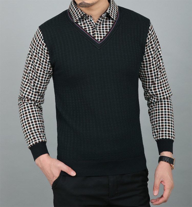 <em>桐乡毛衣批发</em> 男士冬季加绒假两件套长袖T恤加