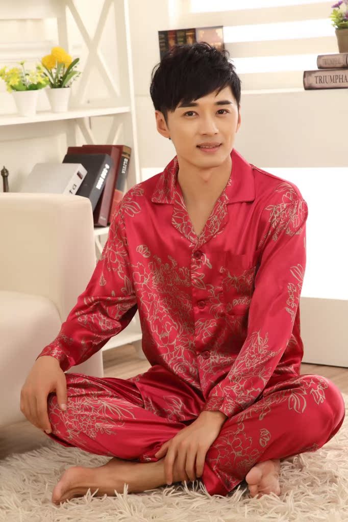 【批发男士新款长袖仿<em>真丝睡衣</em> 红色<em>本命年</em>睡