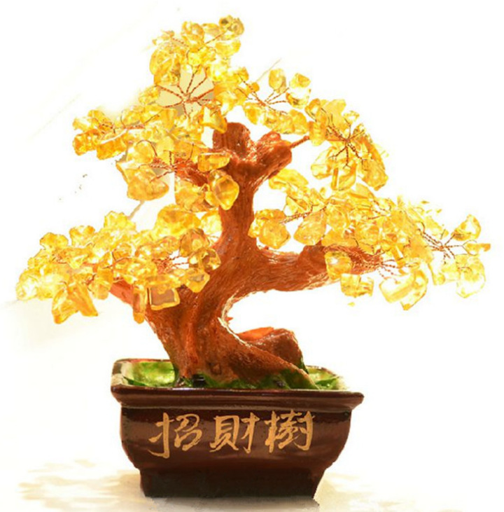 东海水晶 招财树摆件 天然黄水晶发财树摇钱树办公家居装饰摆件