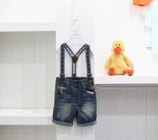 童裤-欧美大牌 原单<em>男童牛仔背带</em>中裤 牛仔<em>短裤</em>