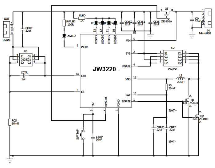 移动电源方案芯片jw3220典型应用电路图