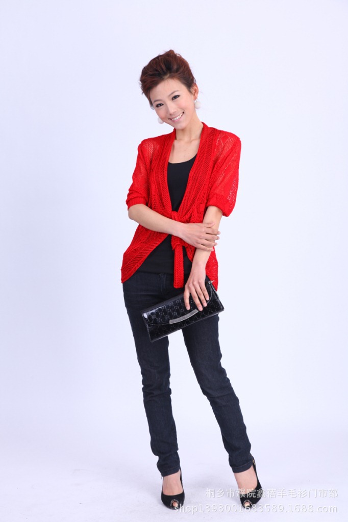 批发采购<em>女式</em>针织衫-中袖<em>圆摆</em>针织<em>开衫</em>镂空批