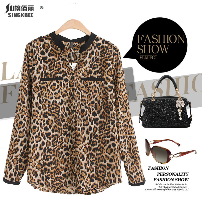 3D129 2014<em>春季女装豹纹</em>印花拼色V领双口袋