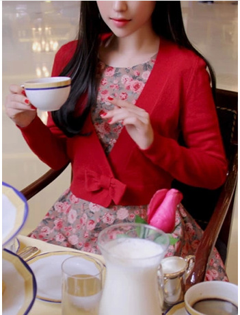 韩国淑女甜美蝴蝶结大V领<em>红色</em>针织<em>开衫短款毛</em>