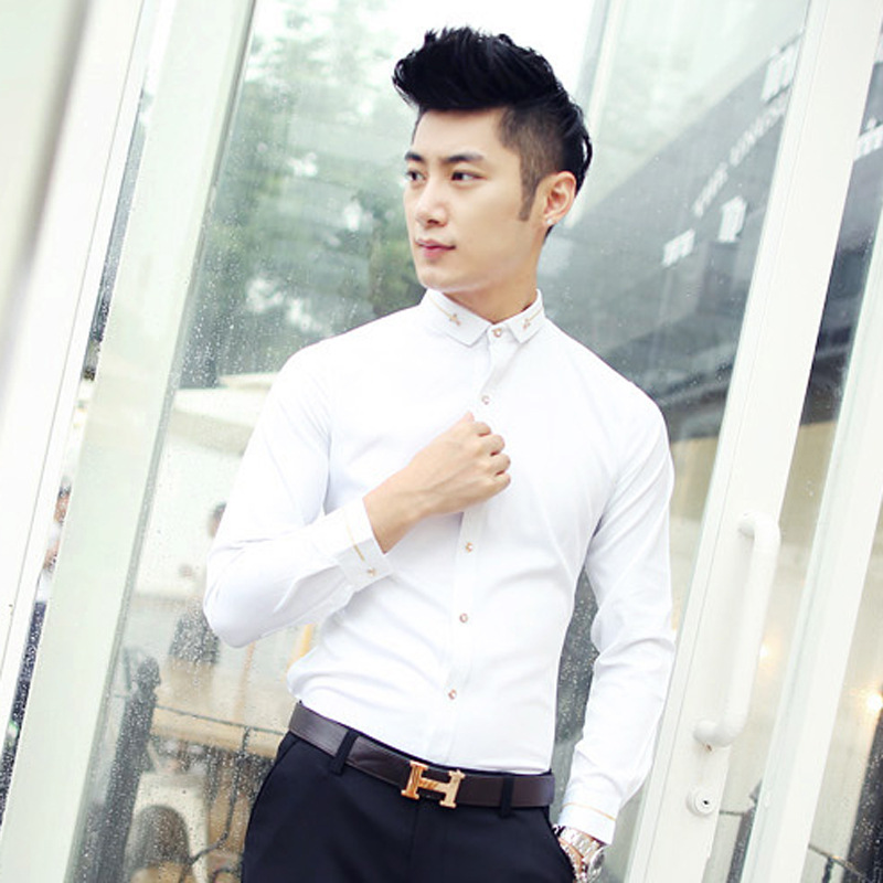 2014春秋新款男士纯色衬衫 韩式<em>男</em>长袖衬衫 理