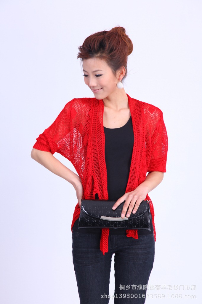 批发采购<em>女式</em>针织衫-中袖<em>圆摆</em>针织<em>开衫</em>镂空批