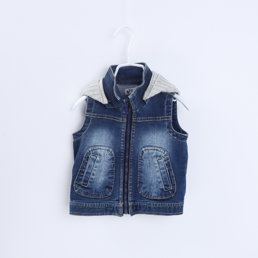 2014欧美童装秋款<em>马甲儿童</em>帅气连<em>帽牛仔马夹</em>