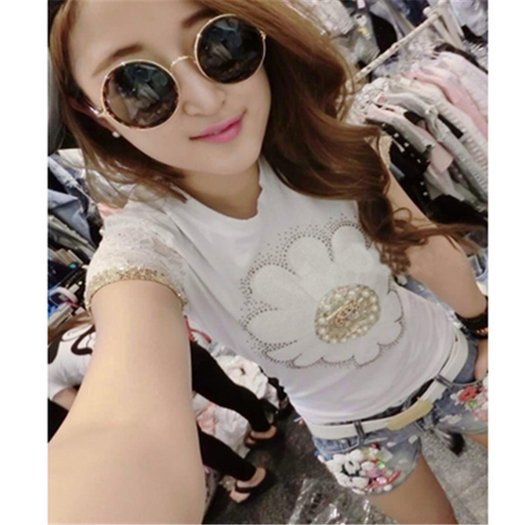 欧洲站2014春夏新款<em>套装 亮片</em>钉珠花朵T恤+重