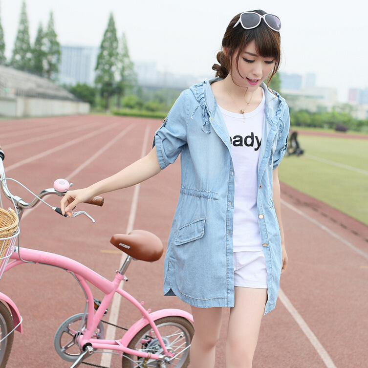 2014新款夏季韩版大码<em>中长款牛仔外套女</em>风衣