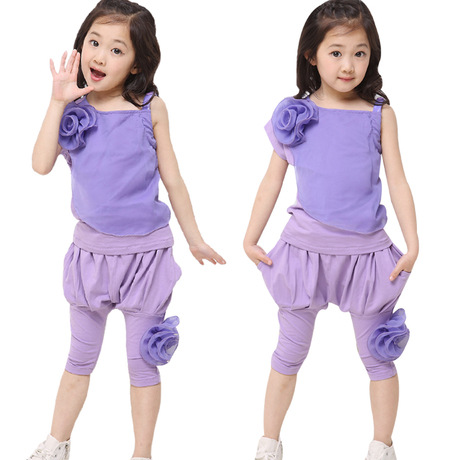 2014<em>女童夏装</em>新款<em>套装</em> 韩版儿童大花朵七分裤