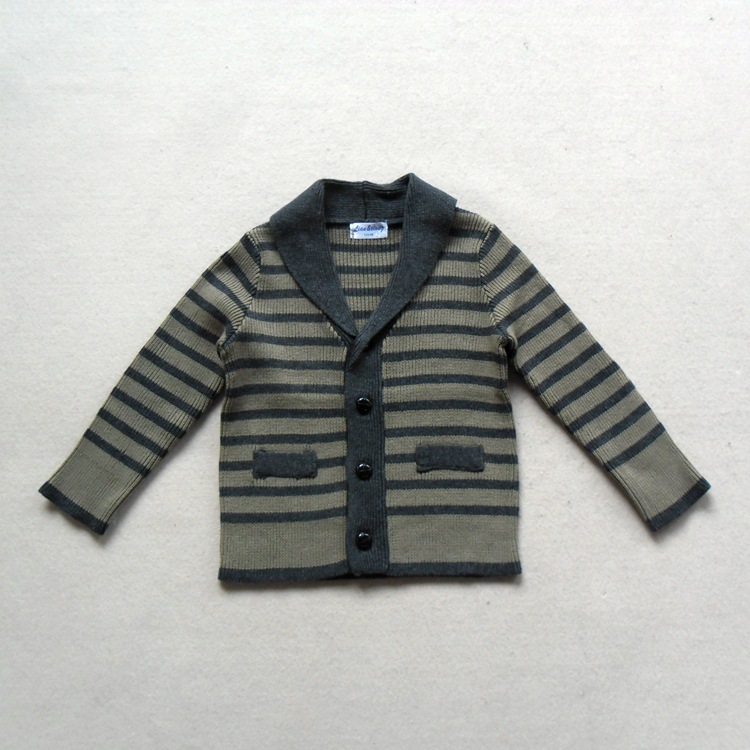 <em>童装开衫</em>毛衣14秋冬新款青果领条纹编织纯棉