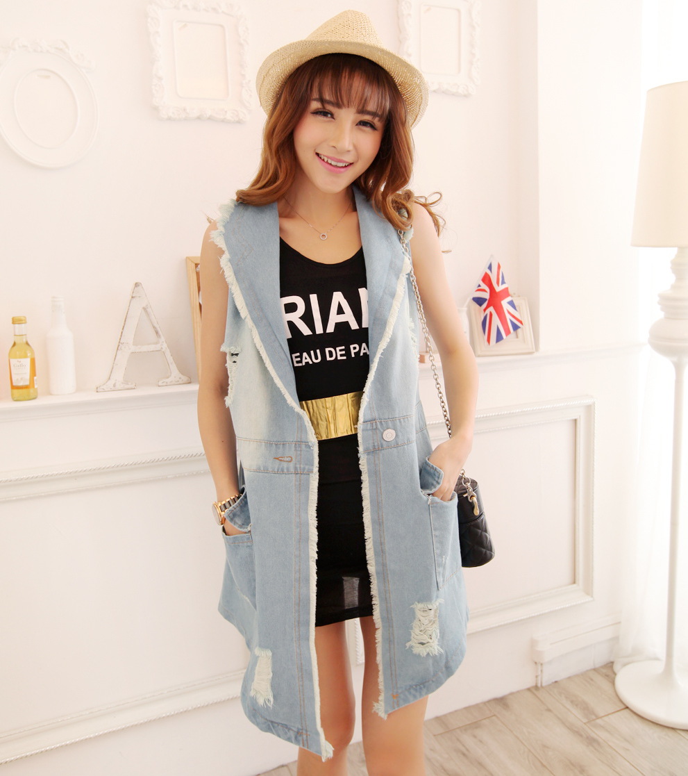 韩版春夏中<em>长款时尚马甲</em>无袖大码<em>女款</em>薄牛仔马