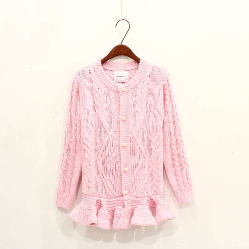 春装新款 韩国代购款 下摆荷叶边 <em>珍珠扣 开衫</em>针