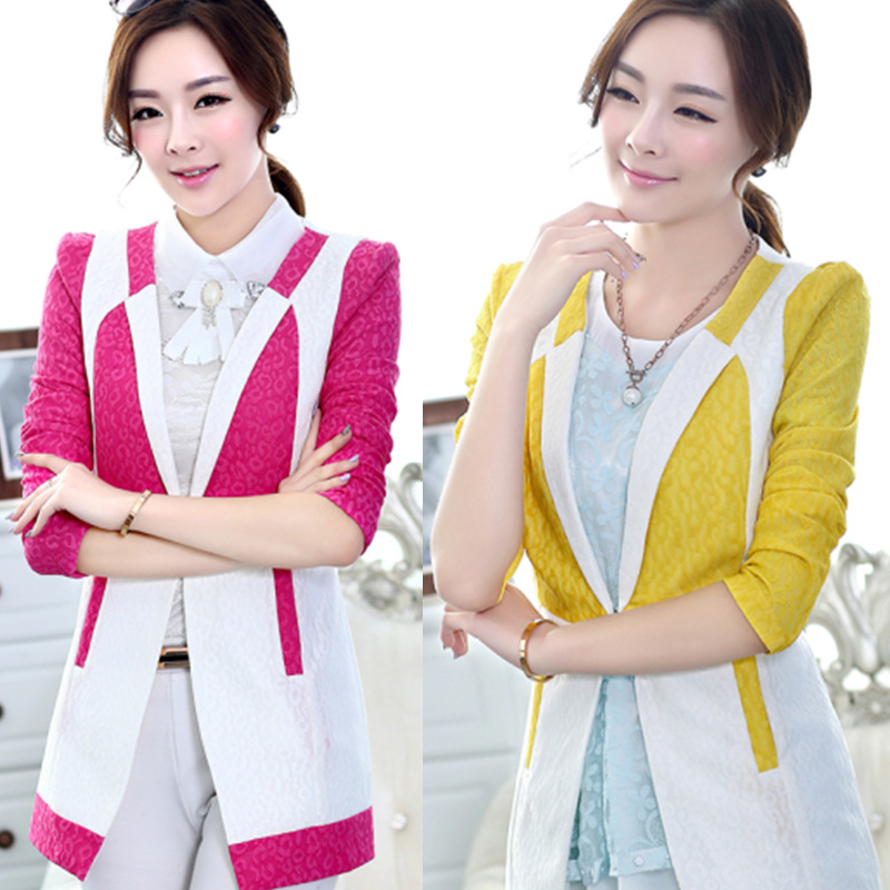 2014韩版蕾丝<em>撞色</em>拼接<em>小西装女</em> 春装修身时尚