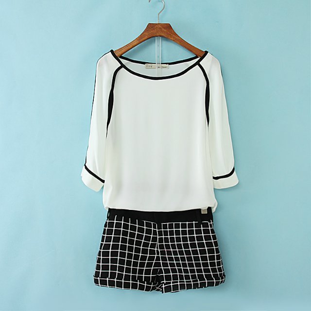 2014夏装款女装 雪纺上衣配<em>黑色</em>格子<em>短裤</em>女式