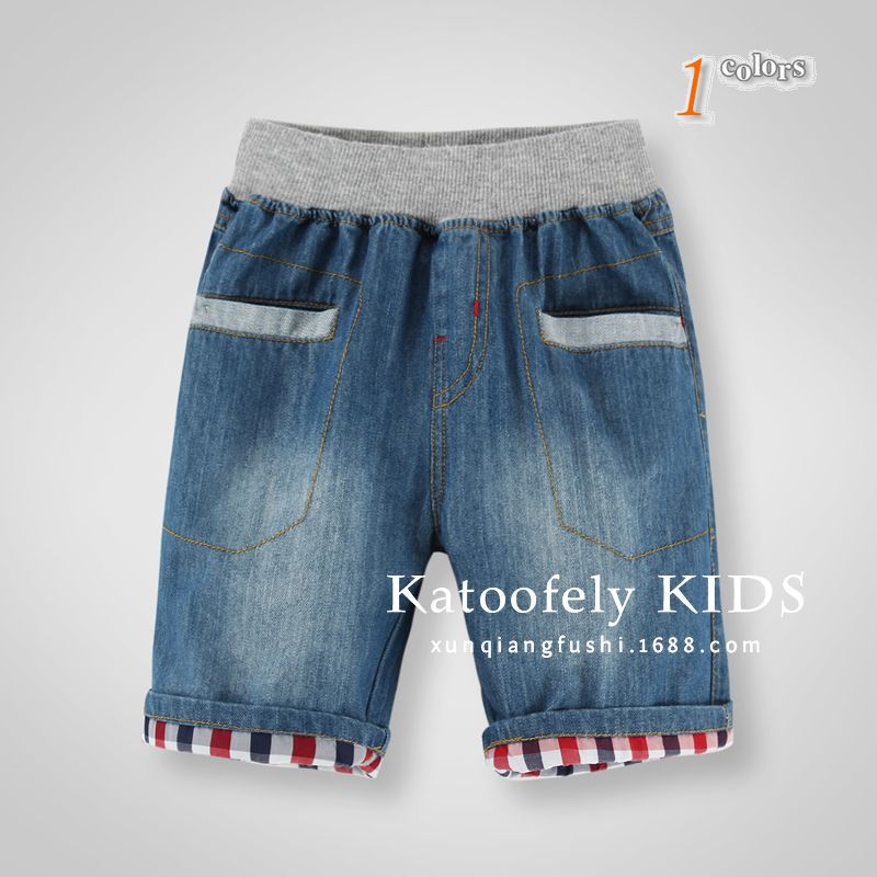 新款夏款外贸原单品牌童装<em>男童儿童红色</em>卷边格