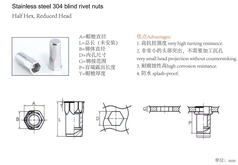 小头半六角盲孔铆螺母,不锈钢六角铆螺母,防水铆螺母,广东广州铆螺母