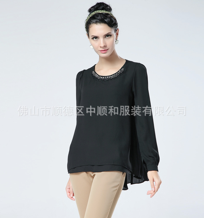 4春季新款雪纺<em>衬衫</em> 欧美大码高级钉珠<em>女衬衣</em> 