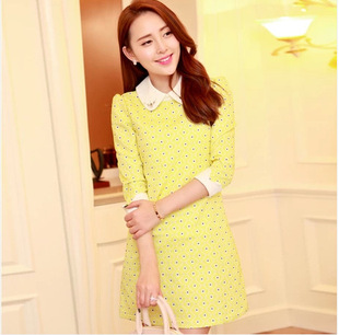2014春季新款 韩版修身显瘦圆点连衣裙黄色波