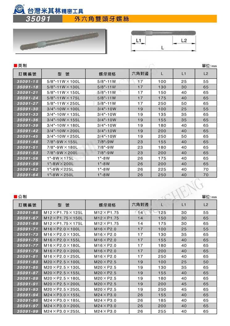 35091外六角双头牙螺丝