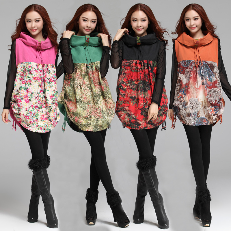 2014<em>春季女装批发</em>民族风碎花拼接无袖立领宽