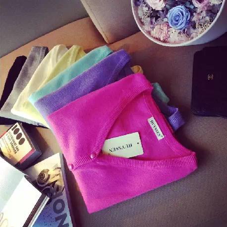 款 韩版甜美马卡龙 V领 百搭<em>时尚开衫 小外套</em> 图