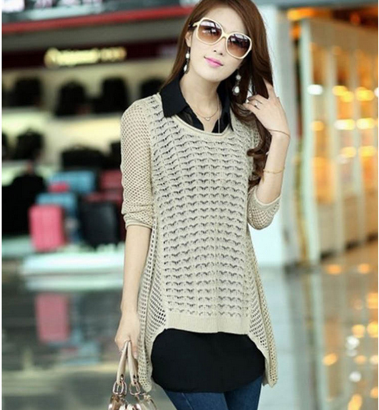 韩版<em>镂空毛衣</em>针织衫 雪纺<em>衬衣</em>两件套 女外套 图