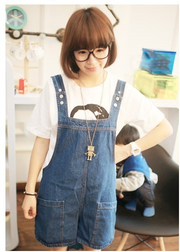 2014新款女装<em>高腰背带裤</em>洗水牛仔<em>短裤</em>五分裤